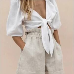 POSSE white linen tie front balloon sleeve blouse